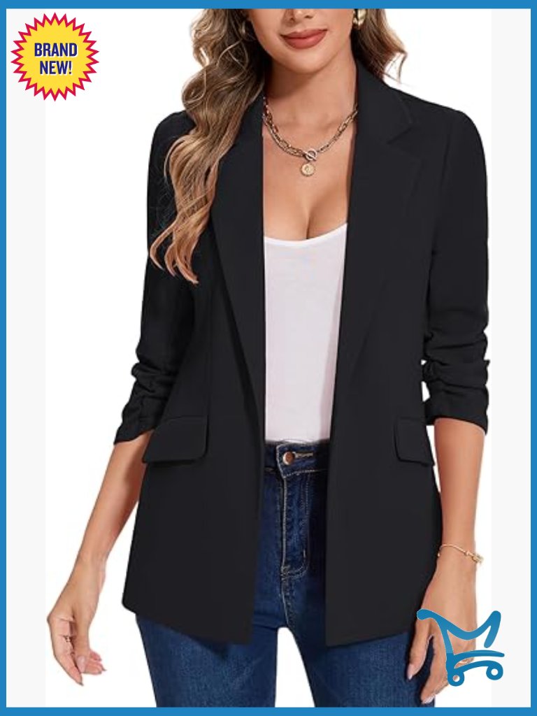 Women's Open Front Blazer With 3/4 Ruched Sleeves And Pockets